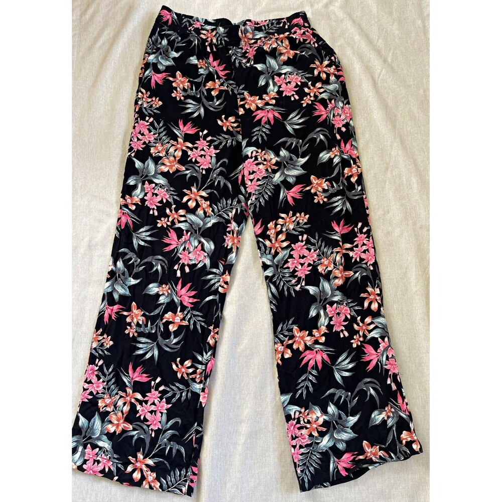 HM Divided Floral Wide Leg Pants Size 10 Black Pink Tropical Elastic Waist Beach